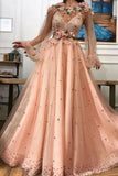 A line Long Sleeves Prom Dresses 3D Flowers Prom Dress Formal Evening Dress HZ0527