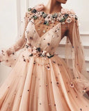 A line Long Sleeves Prom Dresses 3D Flowers Prom Dress Formal Evening Dress HZ0527