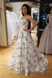 A Line Floral Long Prom Dresses Strapless Beautiful Flower Printed Prom Dress HZ0527