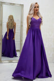 A-line Spaghetti Straps Grape Long Satin Prom Dresses Lace Top Formal Gowns HZ0527