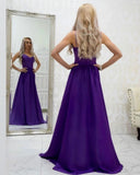 A-line Spaghetti Straps Grape Long Satin Prom Dresses Lace Top Formal Gowns HZ0527