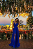 Promfast A-Line Deep V Neck Royal Blue High Split Long Prom Dresses, Cheap Evening Dresses HZ0527