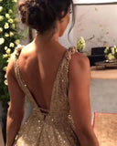 Promfast A-line Gold Sequin Empire Prom Dress Long 2025 Sweep Train HZ0527