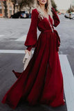 A-line Burgundy Long Prom Dresses Long Sleeve Simple Cheap Evening Dress HZ0527