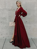 A-line Burgundy Long Prom Dresses Long Sleeve Simple Cheap Evening Dress HZ0527