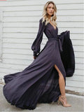A-line Burgundy Long Prom Dresses Long Sleeve Simple Cheap Evening Dress HZ0527