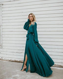 A-line Burgundy Long Prom Dresses Long Sleeve Simple Cheap Evening Dress HZ0527