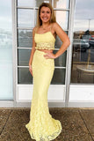 Two Piece Spaghetti Straps Yellow Lace Long Mermaid Prom Dress HZ0527