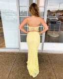 Two Piece Spaghetti Straps Yellow Lace Long Mermaid Prom Dress HZ0527