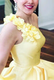 A-line One Shoulder Satin Long Prom Dress With Flowers Evening Dresses HZ0527