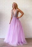 A-line V Neck Lilac Long Prom Dresses Tulle Beaded Evening Gowns HZ0527