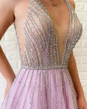 A-line V Neck Lilac Long Prom Dresses Tulle Beaded Evening Gowns HZ0527