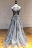 A-line Spaghetti Straps Lace Appliques Grey Tulle Long Prom Dresses Party Dresses HZ0527