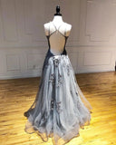 A-line Spaghetti Straps Lace Appliques Grey Tulle Long Prom Dresses Party Dresses HZ0527