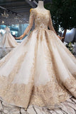 New Arrival Prom Dresses Long Sleeves Ball Gown Scoop With Applique Beads Lace Up Back HZ0527