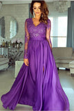 A-line V neck Long Sleeves Prom Dresses Lace Appliques Formal Gowns HZ0527