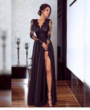 A-line V neck Long Sleeves Prom Dresses Lace Appliques Formal Gowns HZ0527