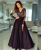 A-line V neck Long Sleeves Prom Dresses Lace Appliques Formal Gowns HZ0527