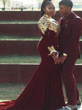 Trumpet/Mermaid High Neck Long Sleeves Applique Burgundy Plus Size Prom Dresses HZ0527