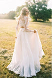 Two Piece Long Sleeves Chiffon Beach Wedding Dress With Lace HZ0527