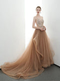 A-line Spaghetti Straps Tulle Long Lace Appliques Prom Dresses Formal Evening Dress HZ0527