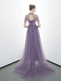 A-line Tulle Long High Neck Purple Prom Dresses With Ruffles Formal Evening Dress HZ0527