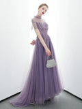 A-line Tulle Long High Neck Purple Prom Dresses With Ruffles Formal Evening Dress HZ0527