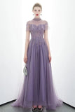 A-line Tulle Long High Neck Purple Prom Dresses With Ruffles Formal Evening Dress HZ0527