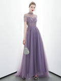 A-line Tulle Long High Neck Purple Prom Dresses With Ruffles Formal Evening Dress HZ0527
