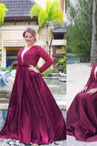 A-Line V-neck Long Sleeves Beading Plus Size Prom Dresses HZ0527