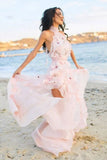 A-Line Halter Backless Light Pink Chiffon Beach Wedding Dress with Appliques Ruffles HZ0527