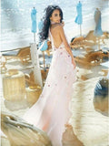 A-Line Halter Backless Light Pink Chiffon Beach Wedding Dress with Appliques Ruffles HZ0527