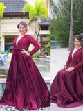 A-Line V-neck Long Sleeves Beading Plus Size Prom Dresses HZ0527