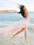 A-Line Halter Backless Light Pink Chiffon Beach Wedding Dress with Appliques Ruffles HZ0527