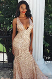 Sequin Backless Mermaid V-neck Rose Gold Prom Party Dress HZ0527
