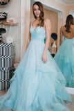 Light Blue Backless Prom Gown Spaghetti-straps Tulle Tiered Dance Dress HZ0527