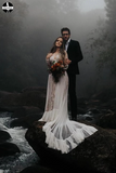 Promfast Polka Dot Long Sleeve Boho Wedding Dresses Lace Bohemian Backless Wedding Gown HZ0527