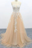 A Line Tulle Lace Appliques Sweep Train Evening Dress Senior Prom Dress HZ0527
