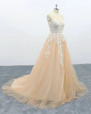A Line Tulle Lace Appliques Sweep Train Evening Dress Senior Prom Dress HZ0527