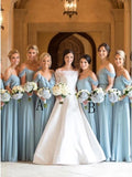 A-Line Cold Shoulder Long Light Blue Chiffon Bridesmaid Dress with Ruffles HZ0527