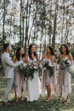 A-Line Off-the-Shoulder 3/4 Sleeves Asymmetry Blush Lace Bridesmaid Dress HZ0527