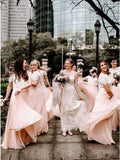 A Line Two Piece Short Sleeves Floor-Length Pink Bridesmaid Dress with Lace HZ0527
