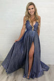 Deep V Neck Sparkly Long Sexy Prom Dresses With Slit Spaghetti Straps Formal Dresses HZ0527