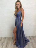 Deep V Neck Sparkly Long Sexy Prom Dresses With Slit Spaghetti Straps Formal Dresses HZ0527