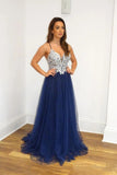 A Line Navy Blue Tulle Prom Dresses Spaghetti Straps Long Prom Gown HZ0527