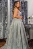 Stunning A-line V neck Sparkly Tulle Evening Dress Silver Prom Dress HZ0527