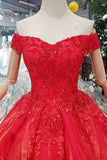 Red Quinceanera Dresses Off The Shoulder Lace Up Back Appliques Beads HZ0527