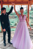 A-line V Neck Sexy Long Lilac Prom Dresses Tulle Formal Dress HZ0527