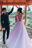 A-line V Neck Sexy Long Lilac Prom Dresses Tulle Formal Dress HZ0527