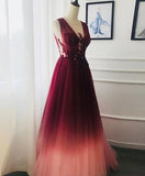 A-line Appliques Burgundy Tulle Long Prom Dresses Formal Evening Dress HZ0527